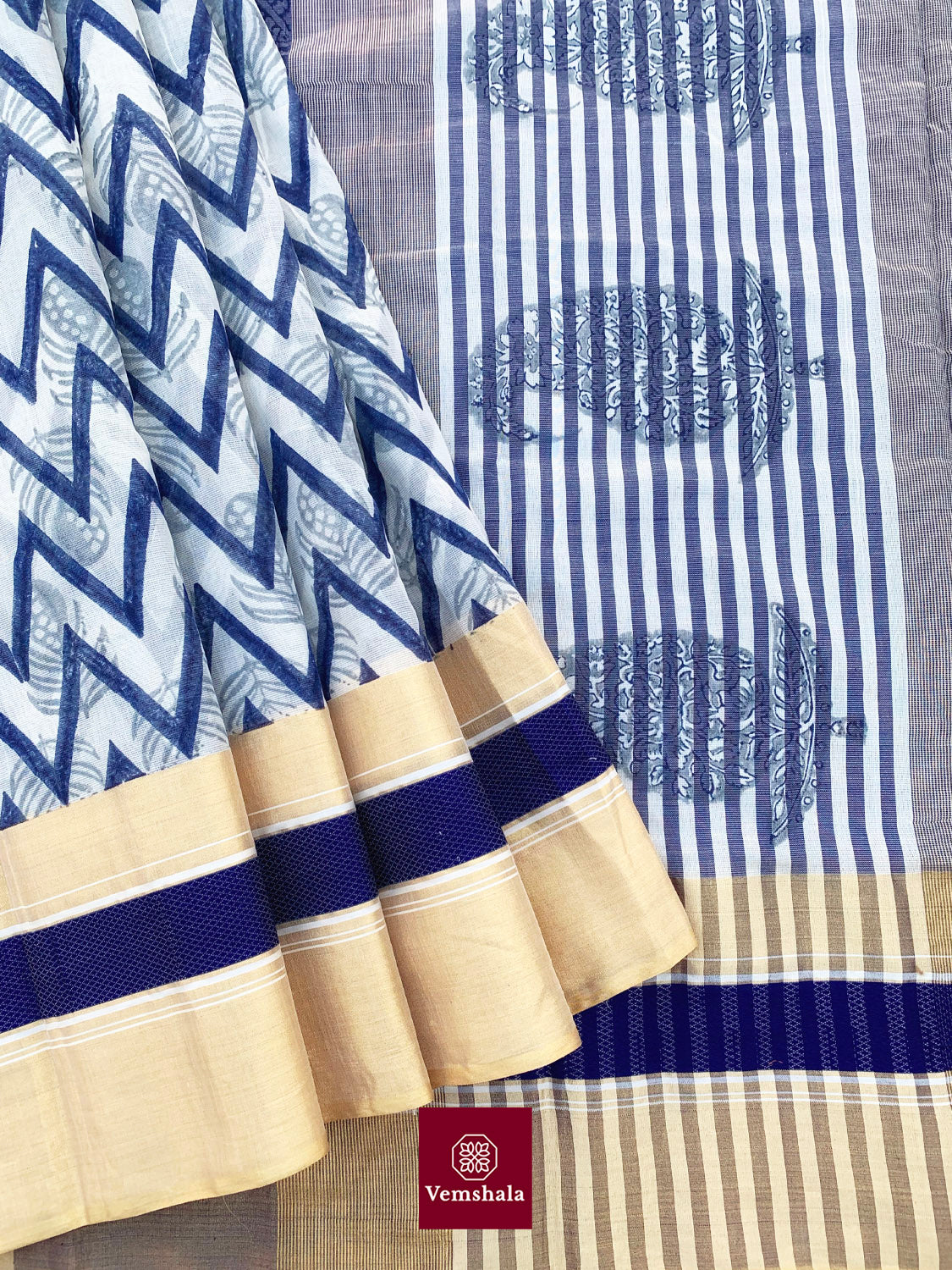 White/ Indigo/ Gold Maheshwari Saree : Neeyati - Vemshala