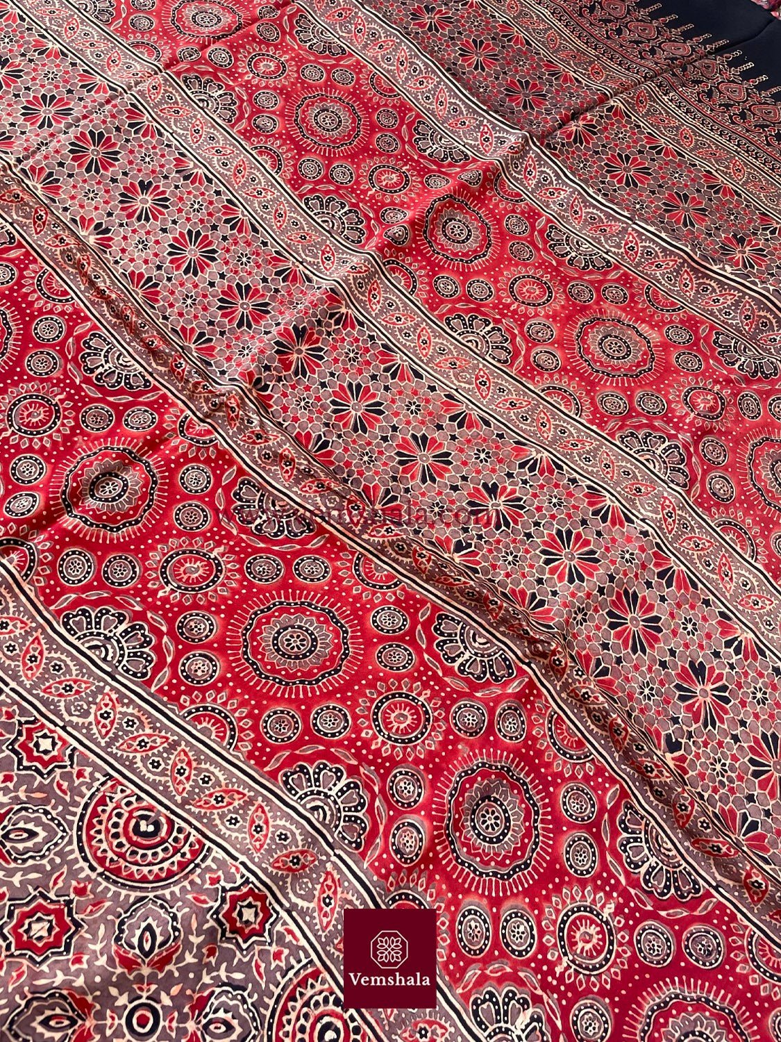 Mocha / Red / Ecru Ajrakh Modal Silk Saree : Devatara - Vemshala