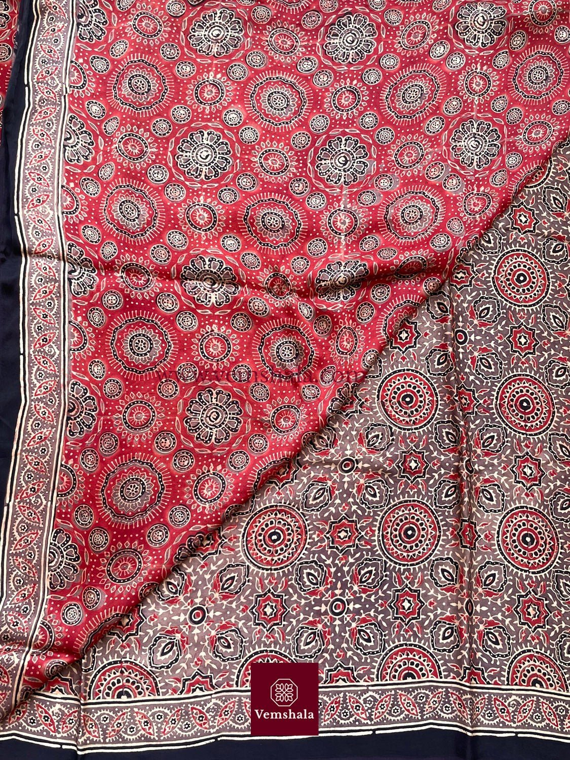 Mocha / Red / Ecru Ajrakh Modal Silk Saree : Devatara - Vemshala