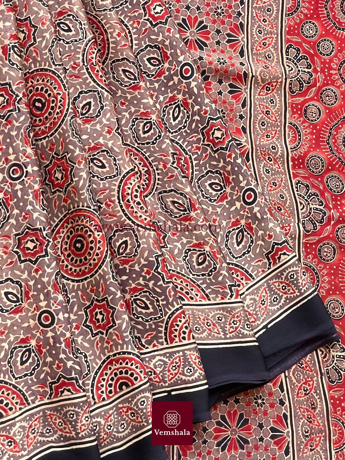 Mocha / Red / Ecru Ajrakh Modal Silk Saree : Devatara - Vemshala