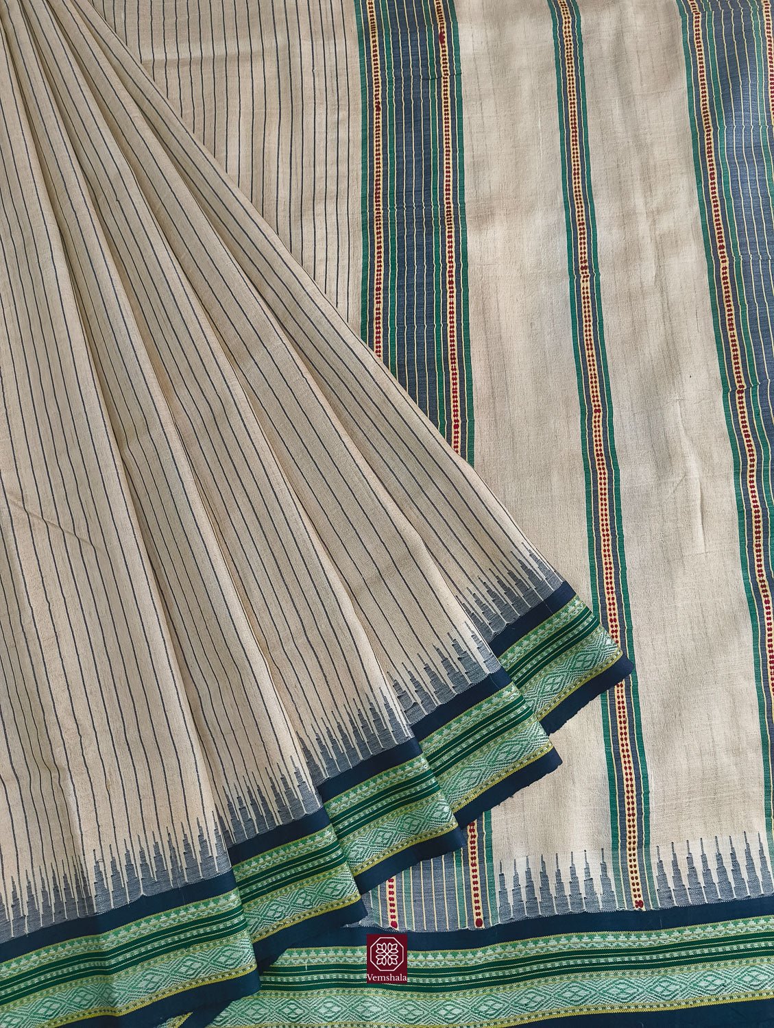 Natural / Blue / Green Karvati Kinar Tussar Vidarbha Silk Saree - Vemshala