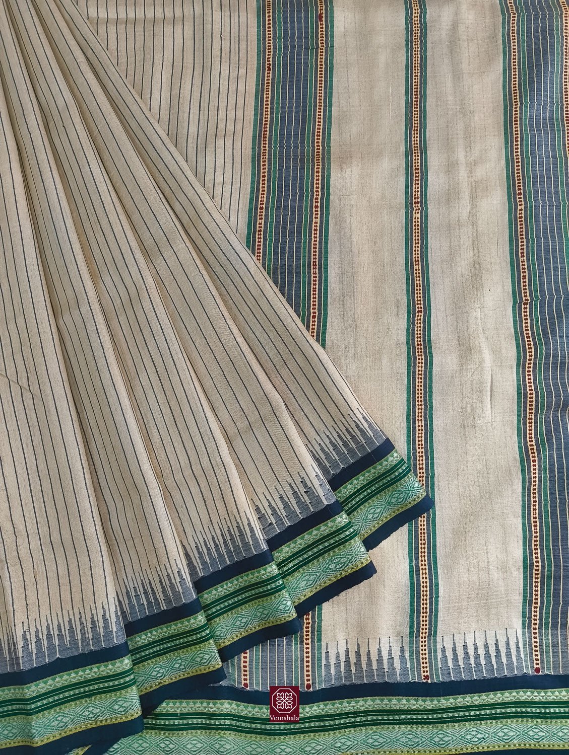 Natural / Blue / Green Karvati Kinar Tussar Vidarbha Silk Saree - Vemshala