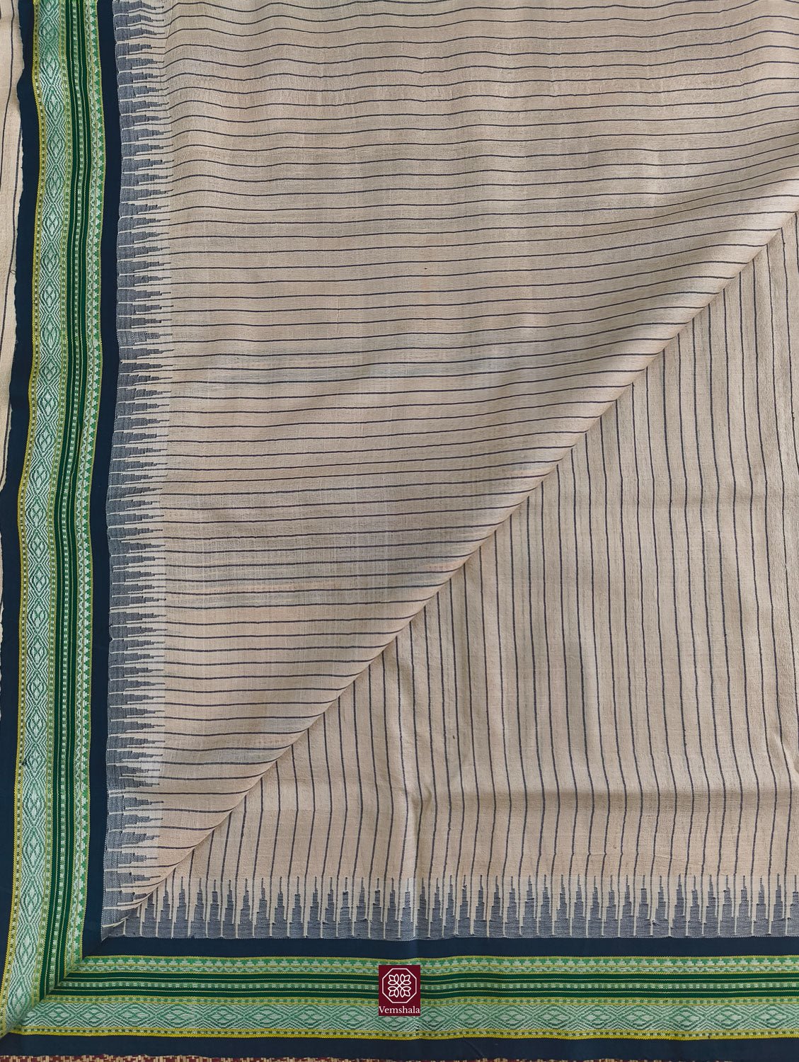 Natural / Blue / Green Karvati Kinar Tussar Vidarbha Silk Saree - Vemshala