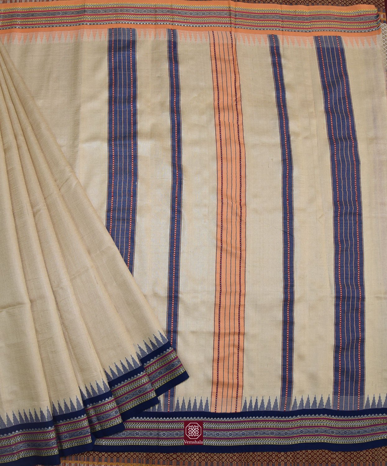 Natural / Blue / Peach Karvati Kinar Tussar Saree - Vemshala