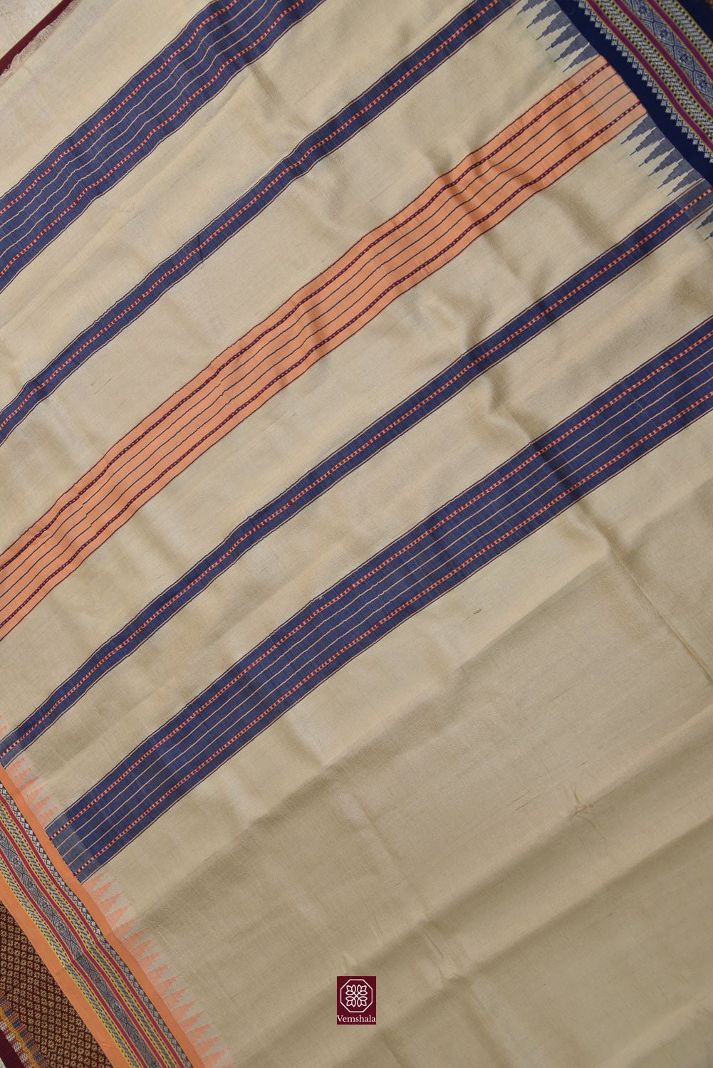 Natural / Blue / Peach Karvati Kinar Tussar Saree - Vemshala