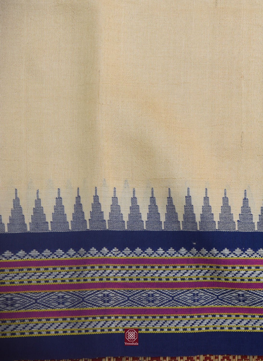 Natural / Blue / Peach Karvati Kinar Tussar Saree - Vemshala