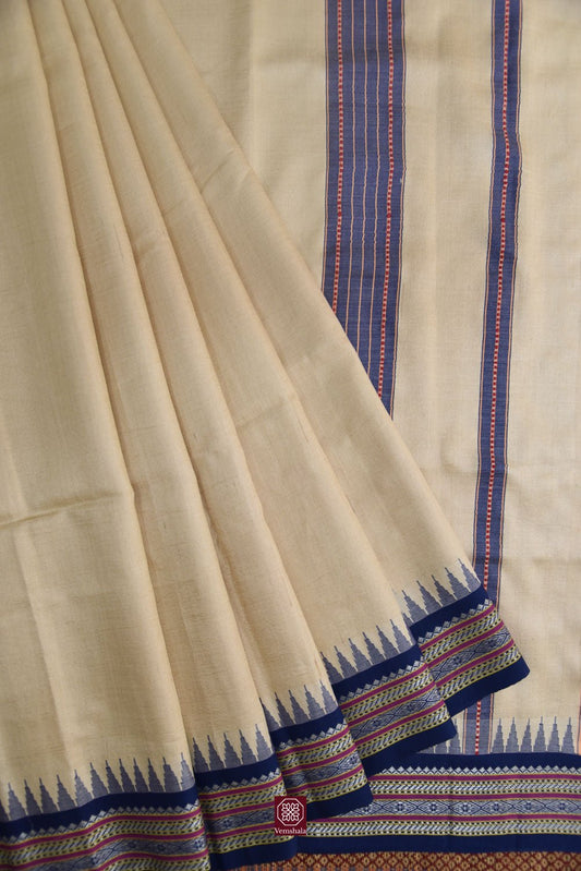 Natural / Blue / Peach Karvati Kinar Tussar Saree - Vemshala