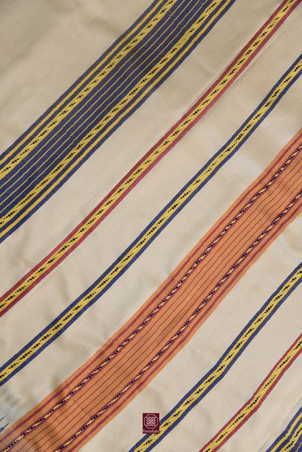 Natural / Blue/ Turmeric Karvati Kinar Tussar Saree - Vemshala