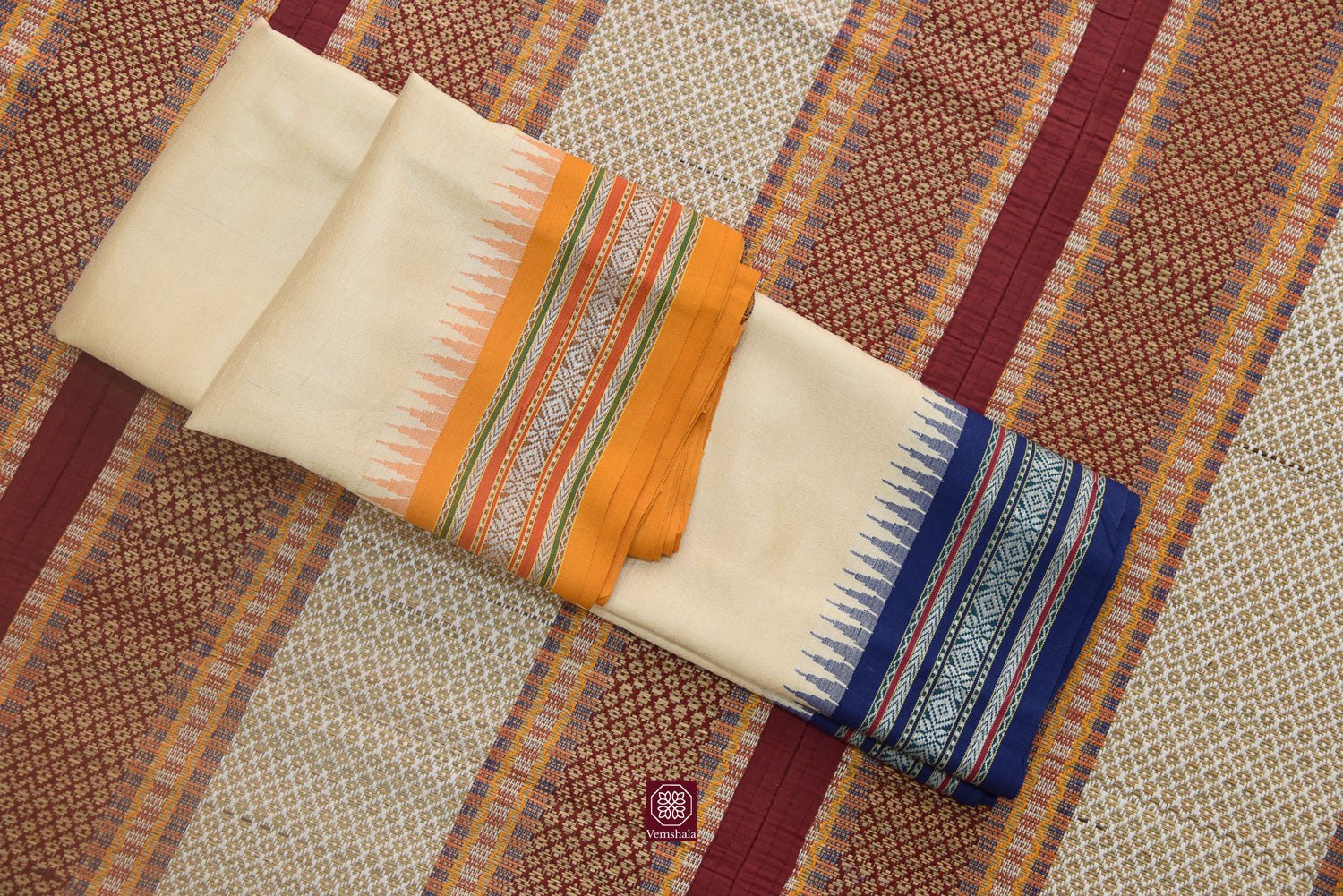 Natural / Blue/ Turmeric Karvati Kinar Tussar Saree - Vemshala