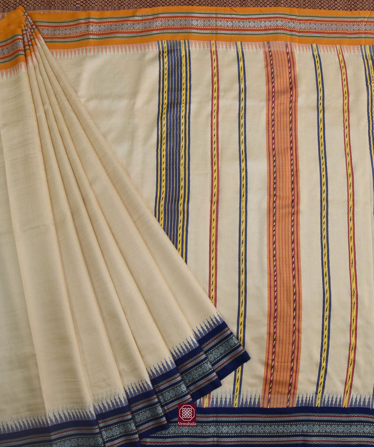 Natural / Blue/ Turmeric Karvati Kinar Tussar Saree - Vemshala