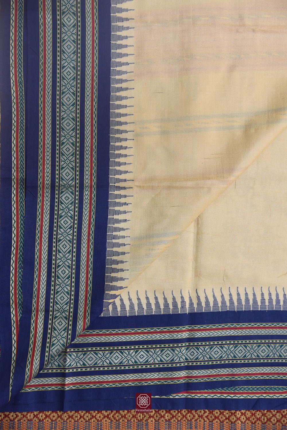 Natural / Blue/ Turmeric Karvati Kinar Tussar Saree - Vemshala