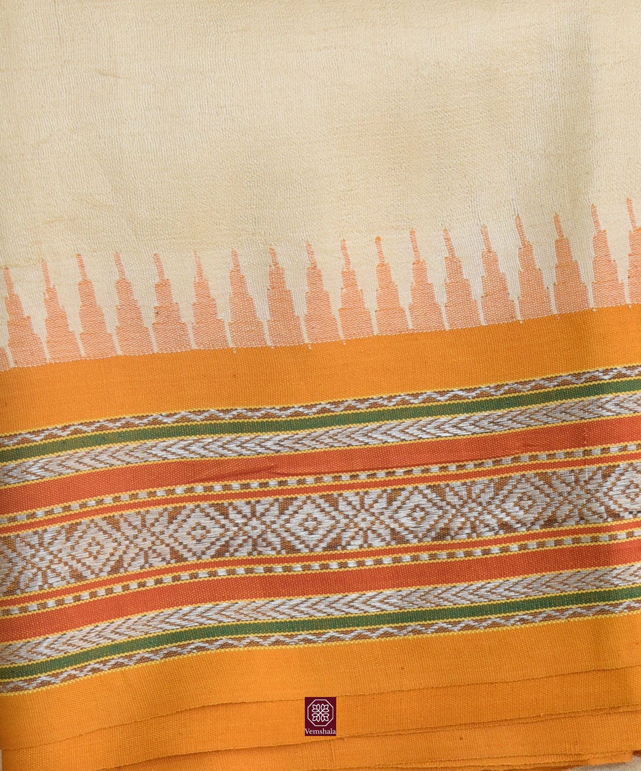 Natural / Blue/ Turmeric Karvati Kinar Tussar Saree - Vemshala