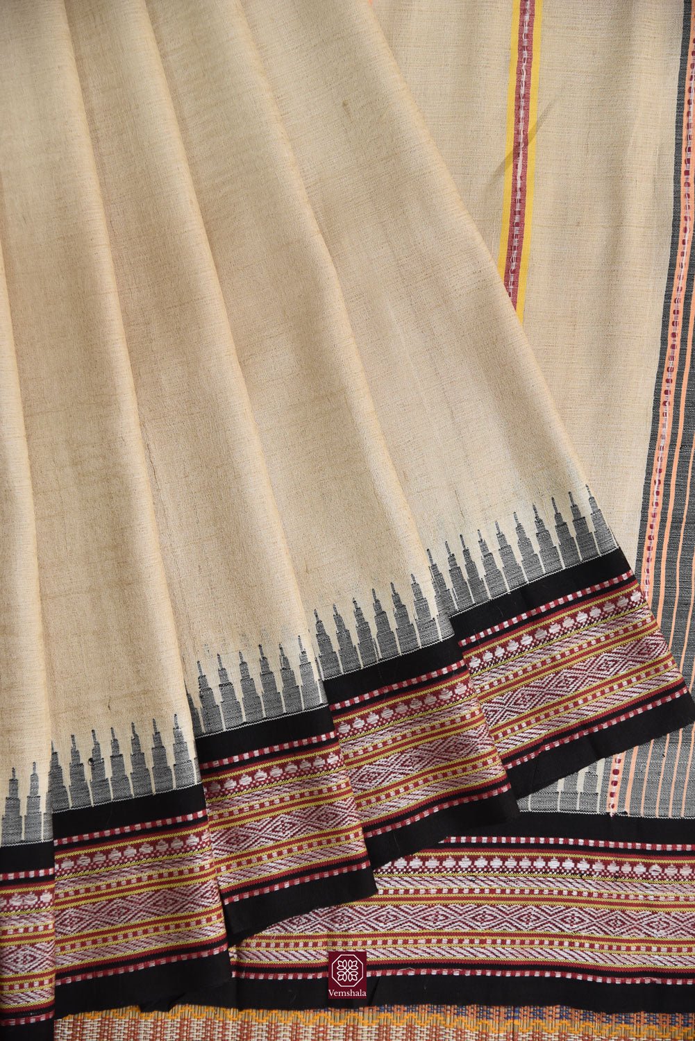 Natural / Maroon / Peach Orange Karvati Kinar Tussar Saree - Vemshala