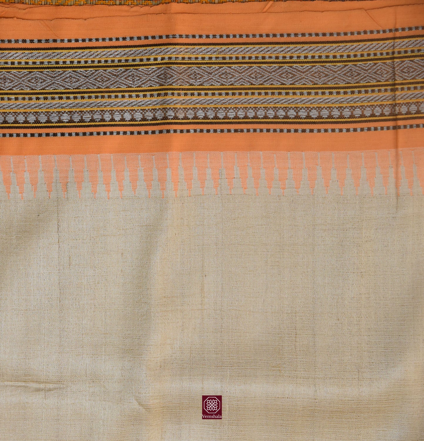 Natural / Maroon / Peach Orange Karvati Kinar Tussar Saree - Vemshala