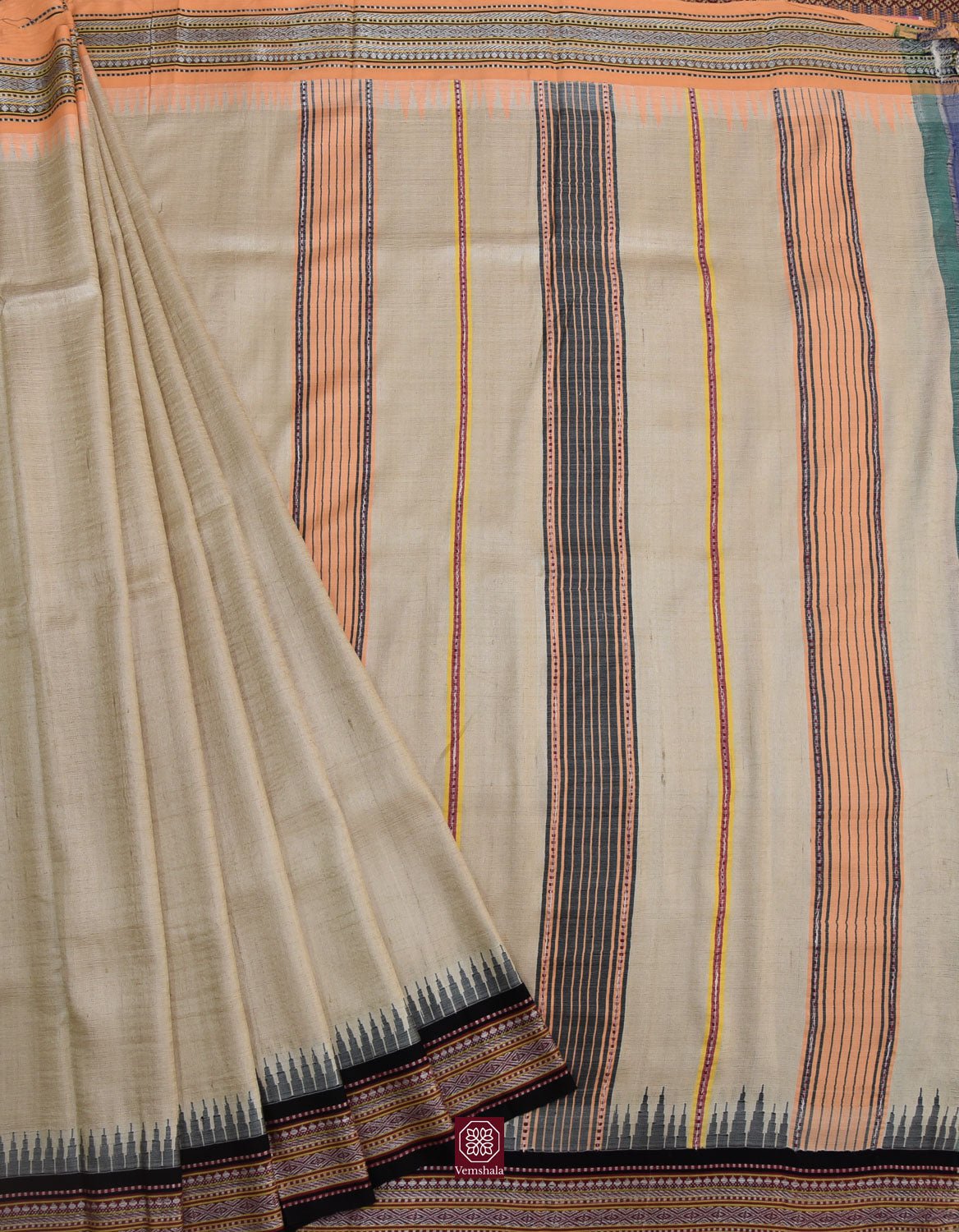 Natural / Maroon / Peach Orange Karvati Kinar Tussar Saree - Vemshala