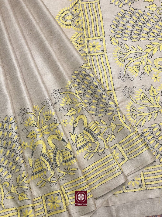 Natural / Yellow Tussar Silk Kantha Hand Embroidered Saree - Vemshala