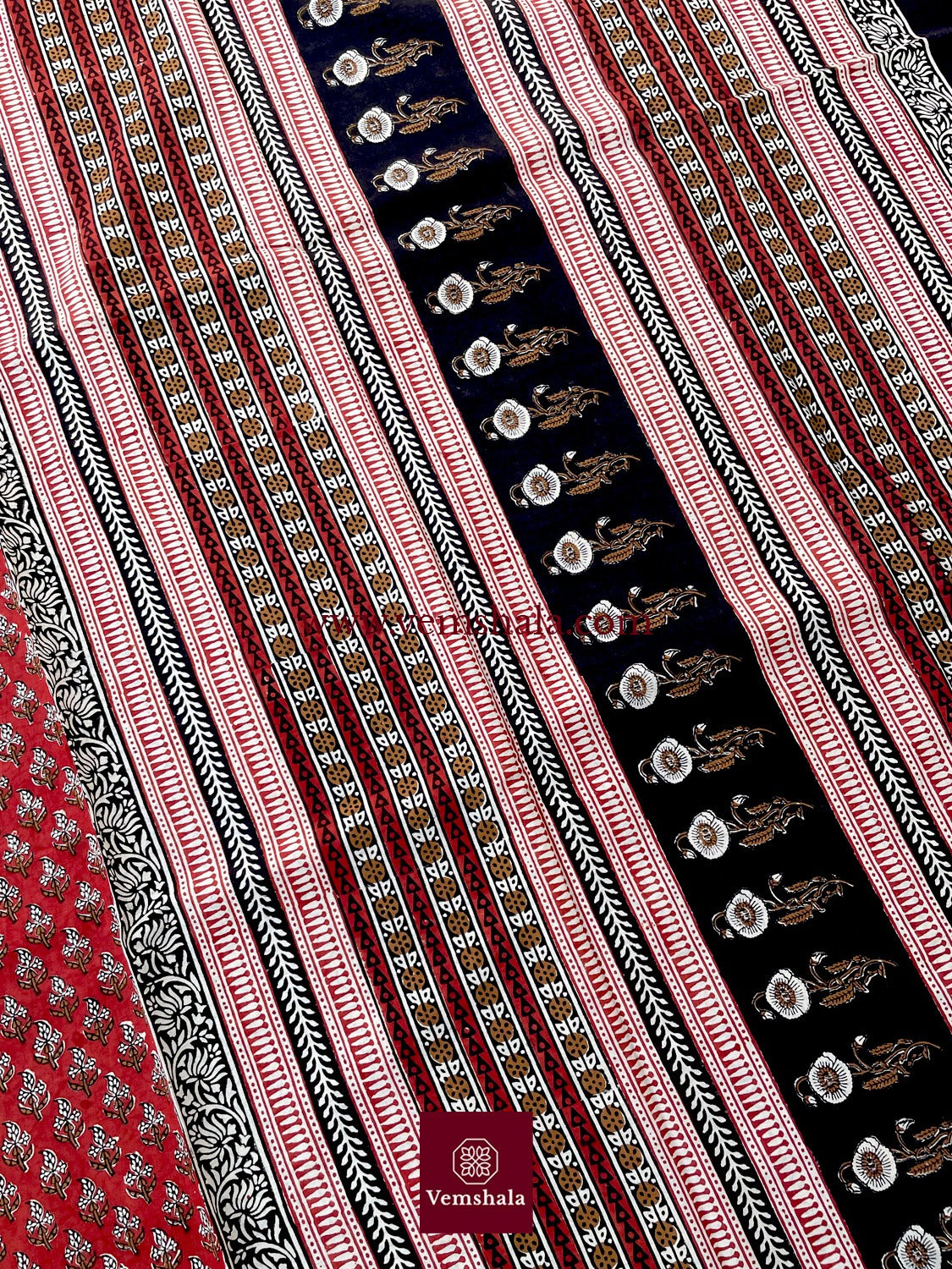 Red/ Ecru/ Black Bagru Handblock Print Cotton Saree : Aruna - Vemshala