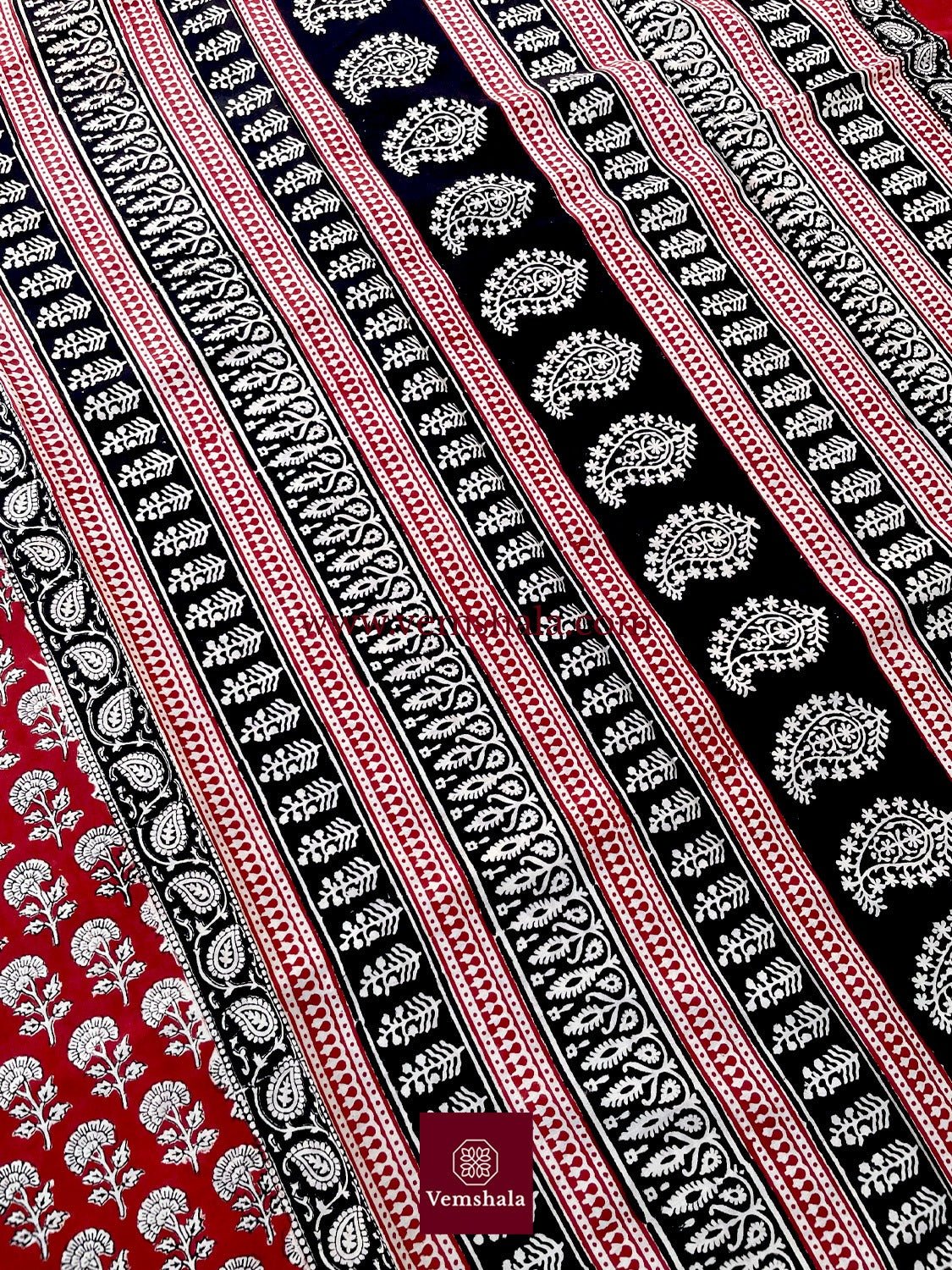 Red/ Ecru/ Black Bagru Handblock Print Cotton Saree : Gulshan - Vemshala