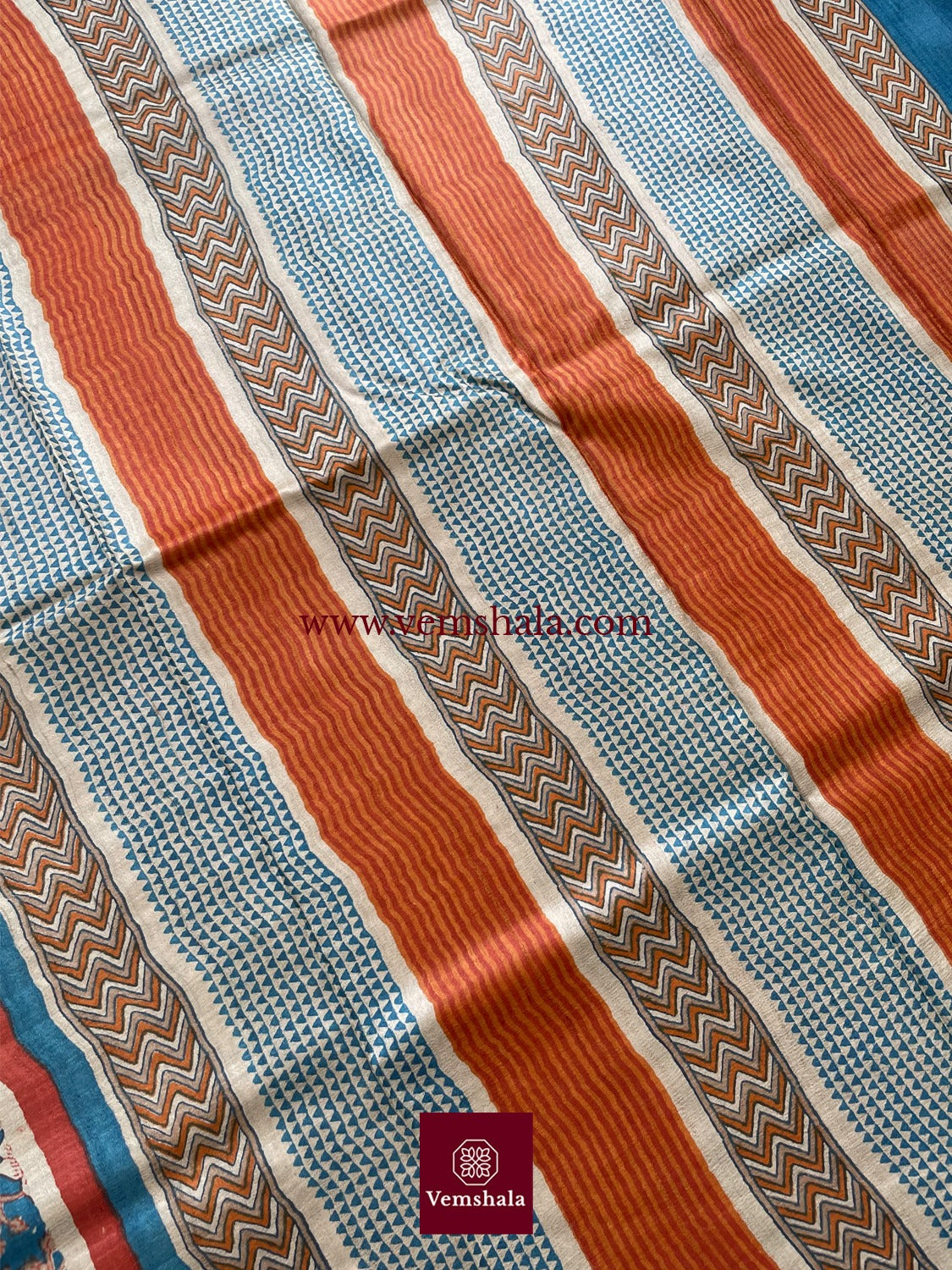 Turquoise Blue / Multi Hand Block Print Tussar Silk Saree: Panna - Vemshala