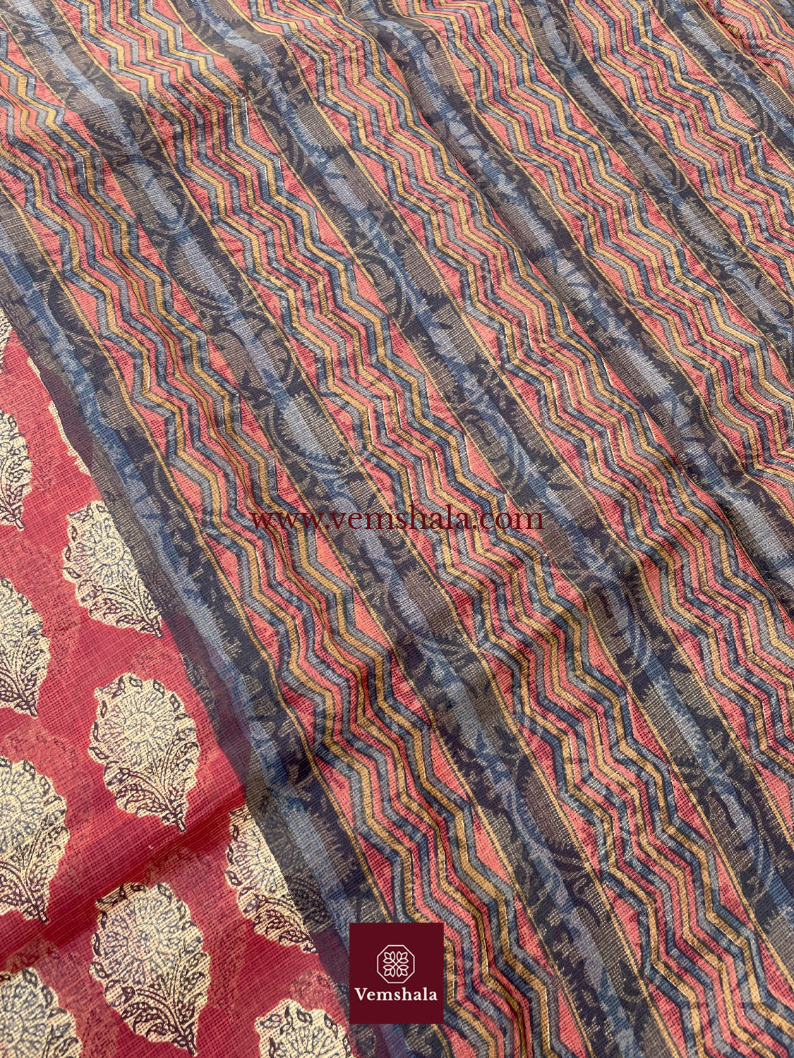 Red/ Ecru/Gold/Black Bagru Hand block print Kota Silk Saree : Suhani - Vemshala