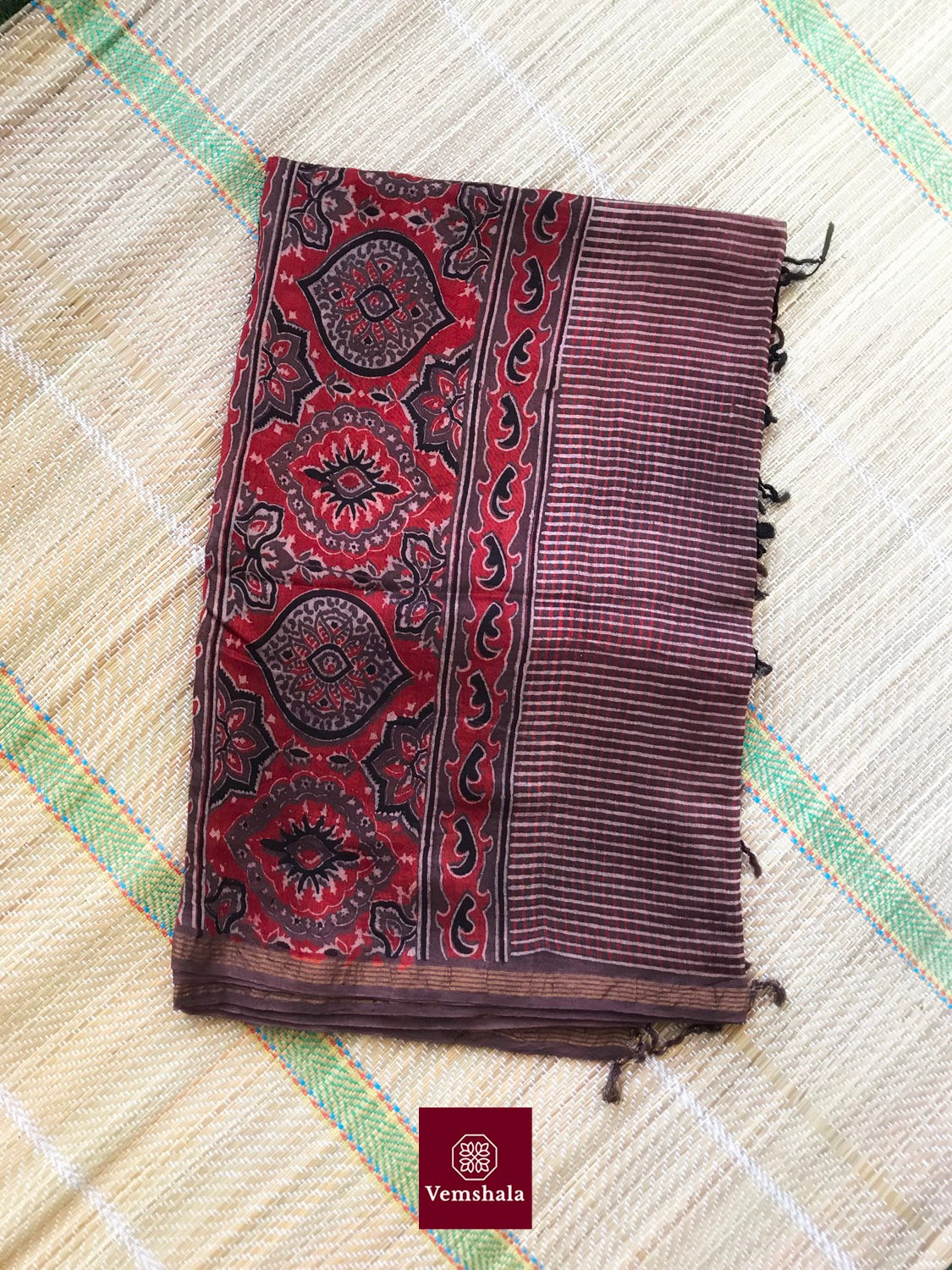 Onion Pink/ Red Chanderi Silk Ajrakh Dupatta - Vemshala