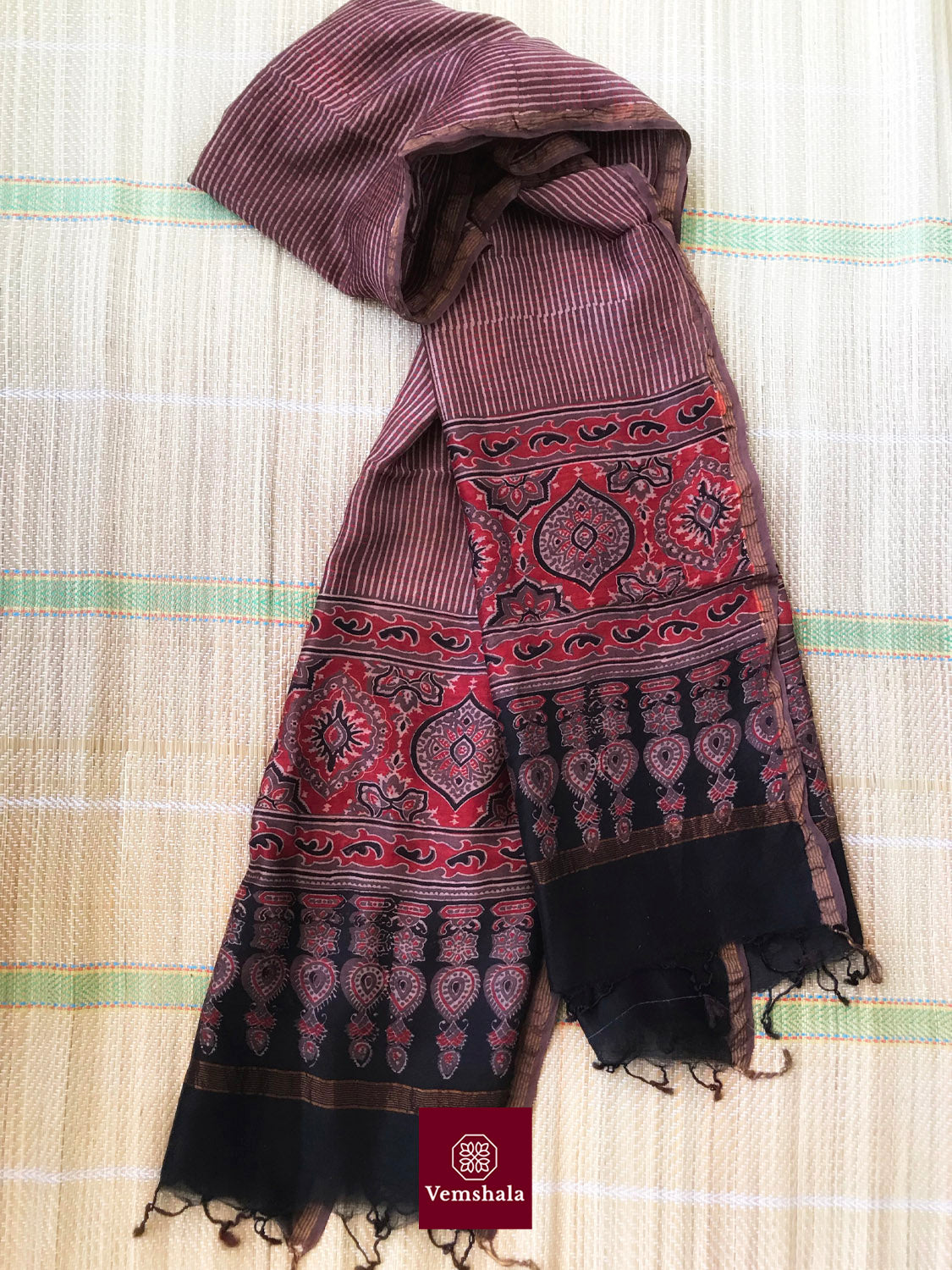 Onion Pink/ Red Chanderi Silk Ajrakh Dupatta - Vemshala