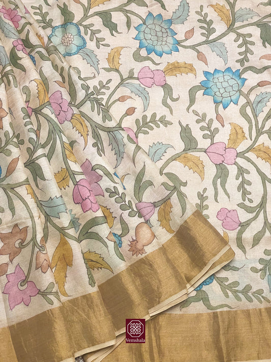 Natural / Gold Pen Kalamkari Tussar Silk Saree