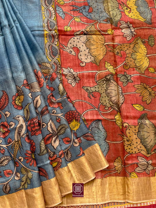 Ombre Blue / Red / Multi Floral / Gold Pen Kalamkari Tussar Silk Saree