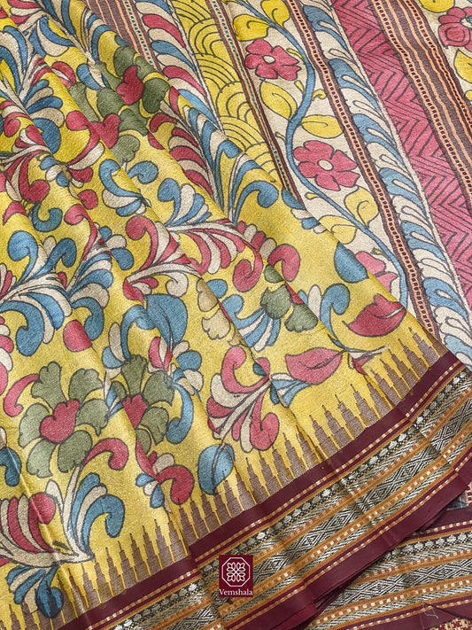 Mustard Yellow Pen Kalamkari Karvati Kinar Tussar Silk Saree