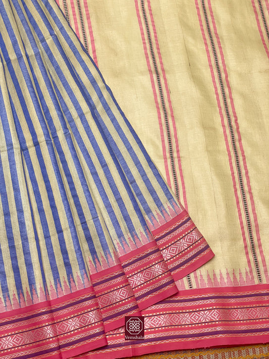 Natural / Blue Stripe Karvati Kinar Tussar Saree