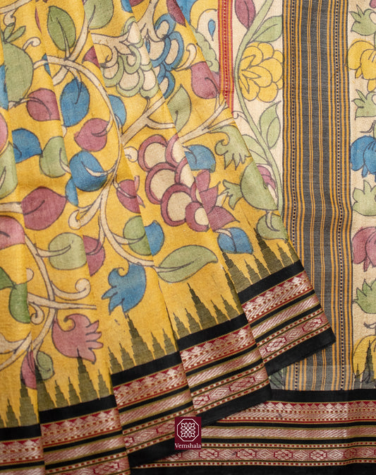 Yellow / Multi Pen Kalamkari Karvati Kinar Tussar Silk Saree