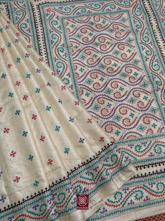 Natural / Multi Color Tussar Silk Sindhi Hand Embroidered Saree