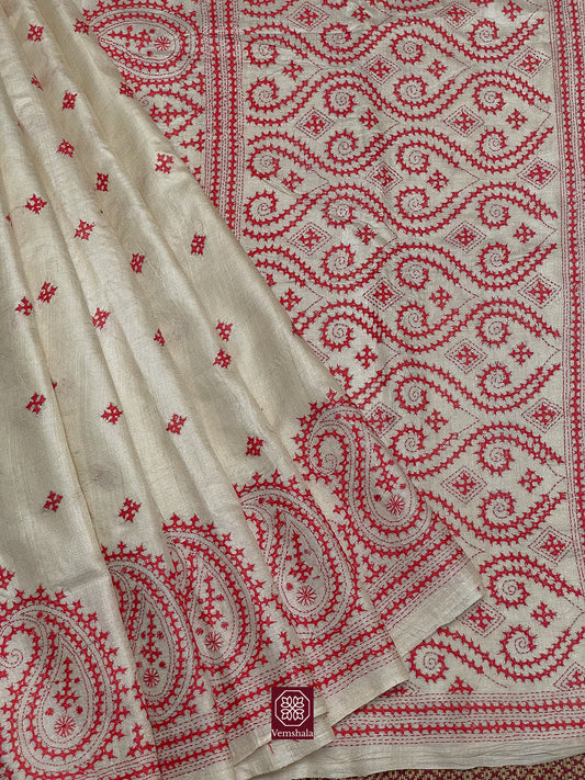 Natural / Red Color Tussar Silk Sindhi Hand Embroidered Saree