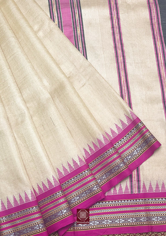 Natural / Hot Pink Karvati Kinar Tussar Vidarbha Silk Saree