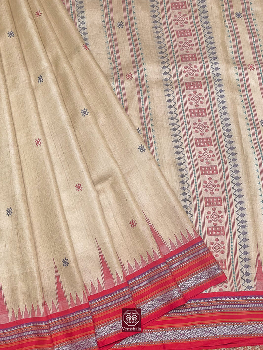 Red / Blue Jala Karvati Kinar Tussar Silk Saree