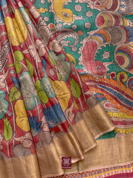 Red / Multi / Gold Pen Kalamkari Tussar Silk Saree