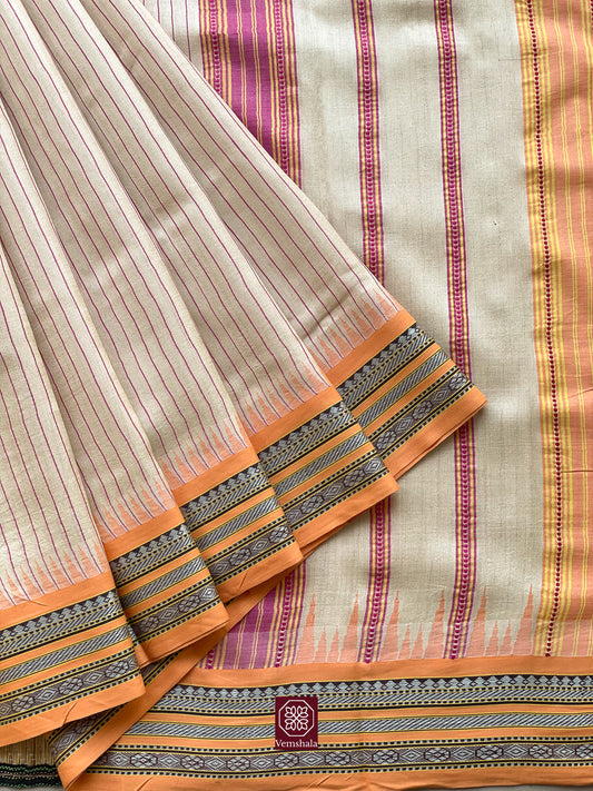 Natural /Pink/ Peach Karvati Kinar Tussar Vidarbha Silk Saree