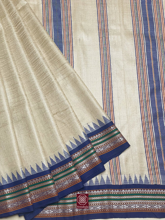 Natural / Blue Karvati Kinar Tussar Silk Vidarbha Saree