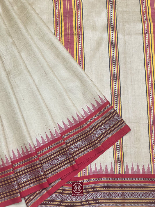 Natural / Watermelon Red / Yellow Karvati Kinar Tussar Vidarbha Saree