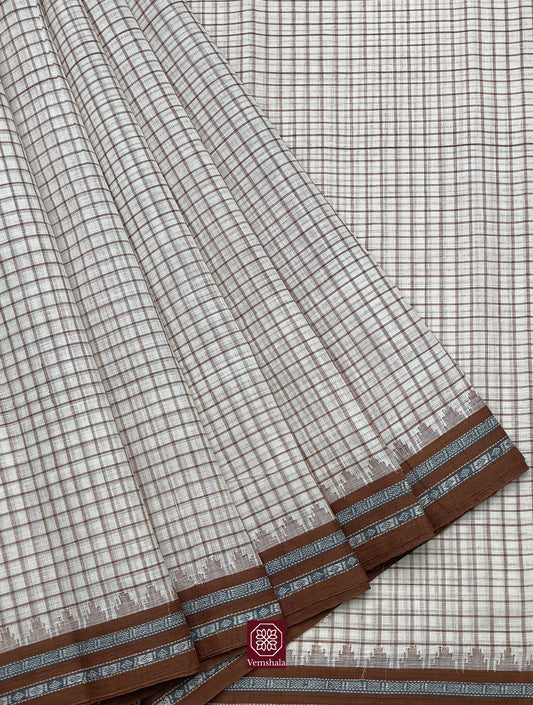 Ecru - Bronze Checks Ponduru Cotton Saree