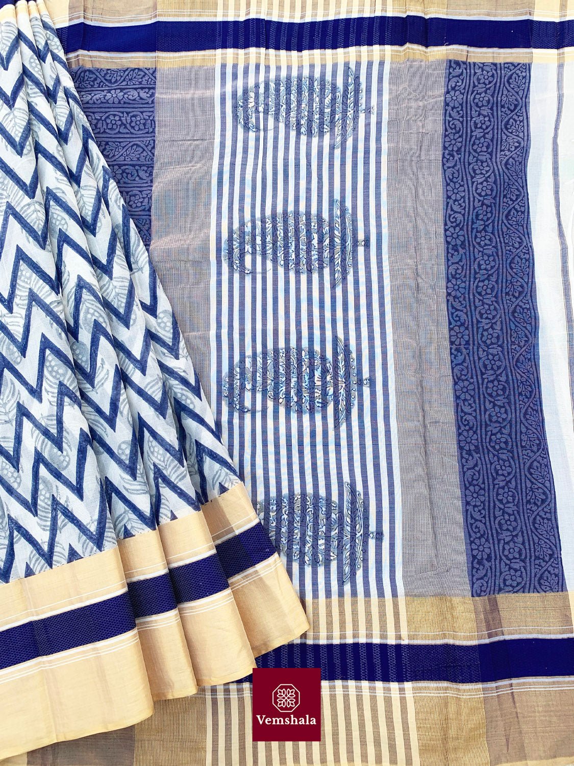 White/ Indigo/ Gold Maheshwari Saree : Neeyati - Vemshala