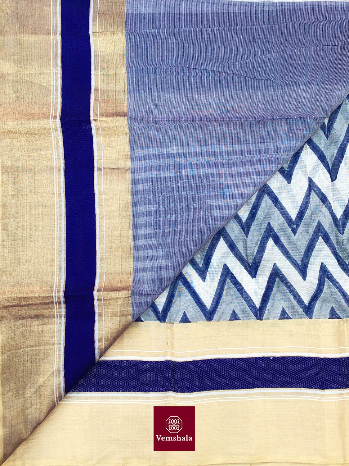 White/ Indigo/ Gold Maheshwari Saree : Neeyati - Vemshala